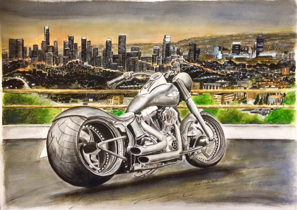 moto Harley con sfondo  metropolitano - acquerelli e china